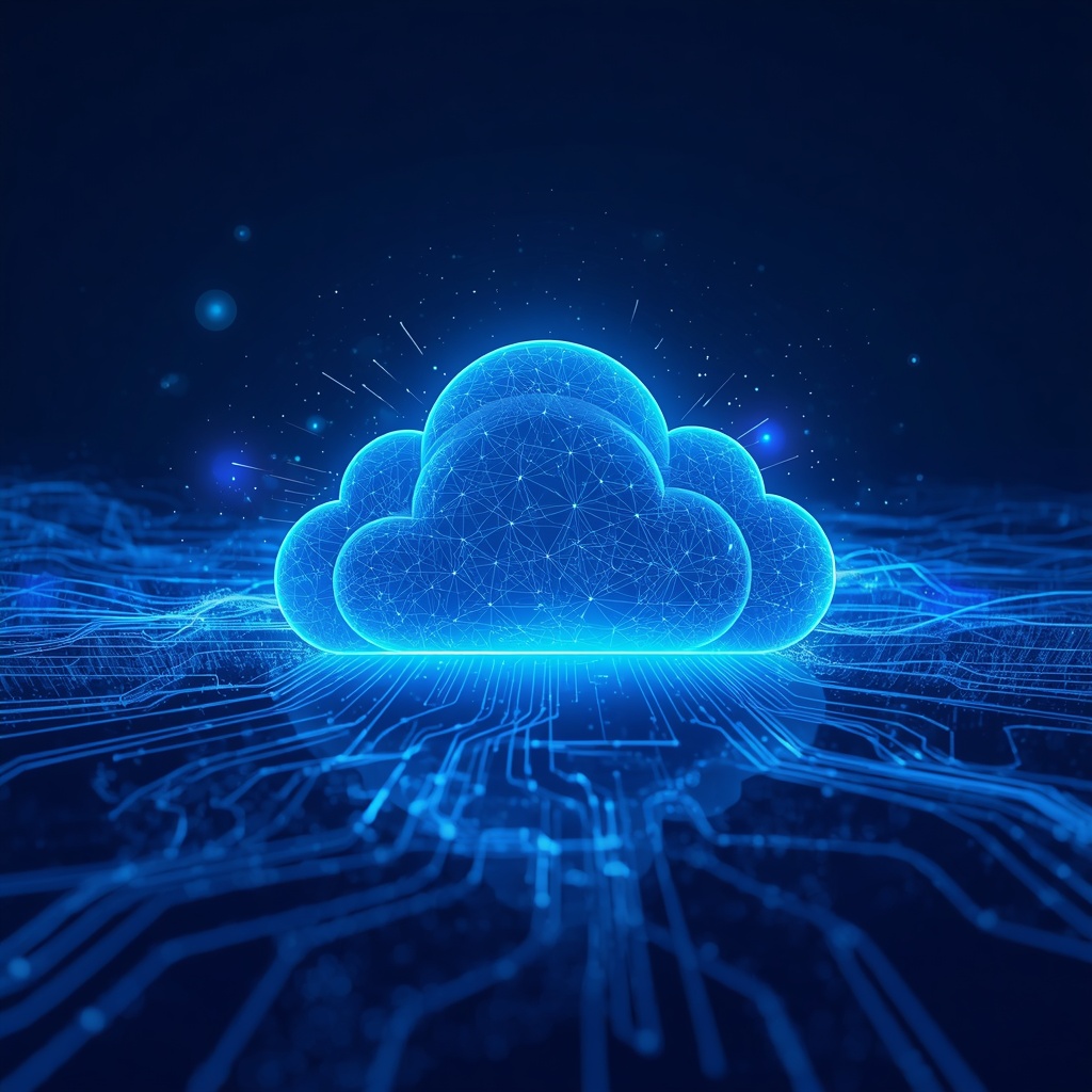 Cloud technology visualization with data streams and digital connections